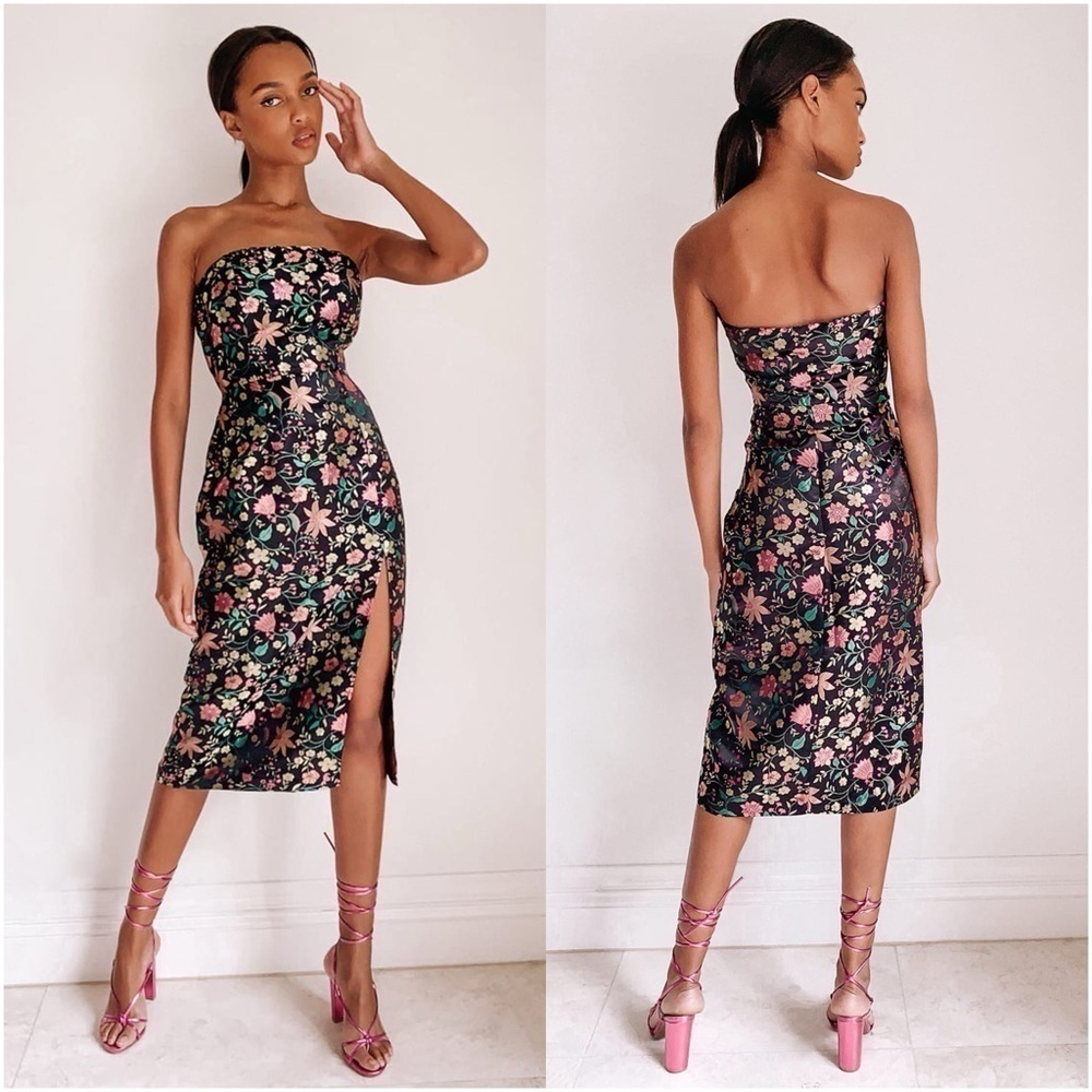 Lulu's Black Strapless Floral Midi Dress with Pink and Green Accents